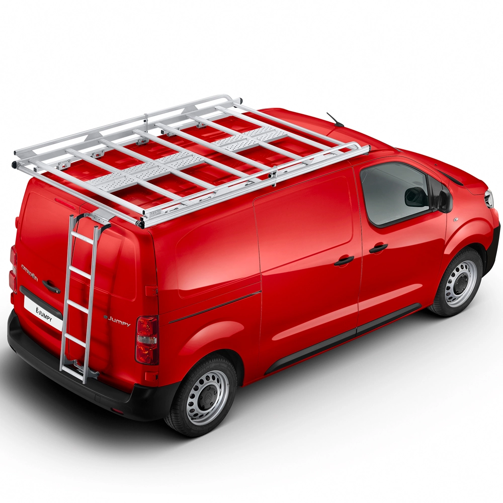 High‑angle exterior view of a red Citroën Jumpy fitted with an aluminium rooftop ladder, showing practical load‑carrying solutions and professional versatility.