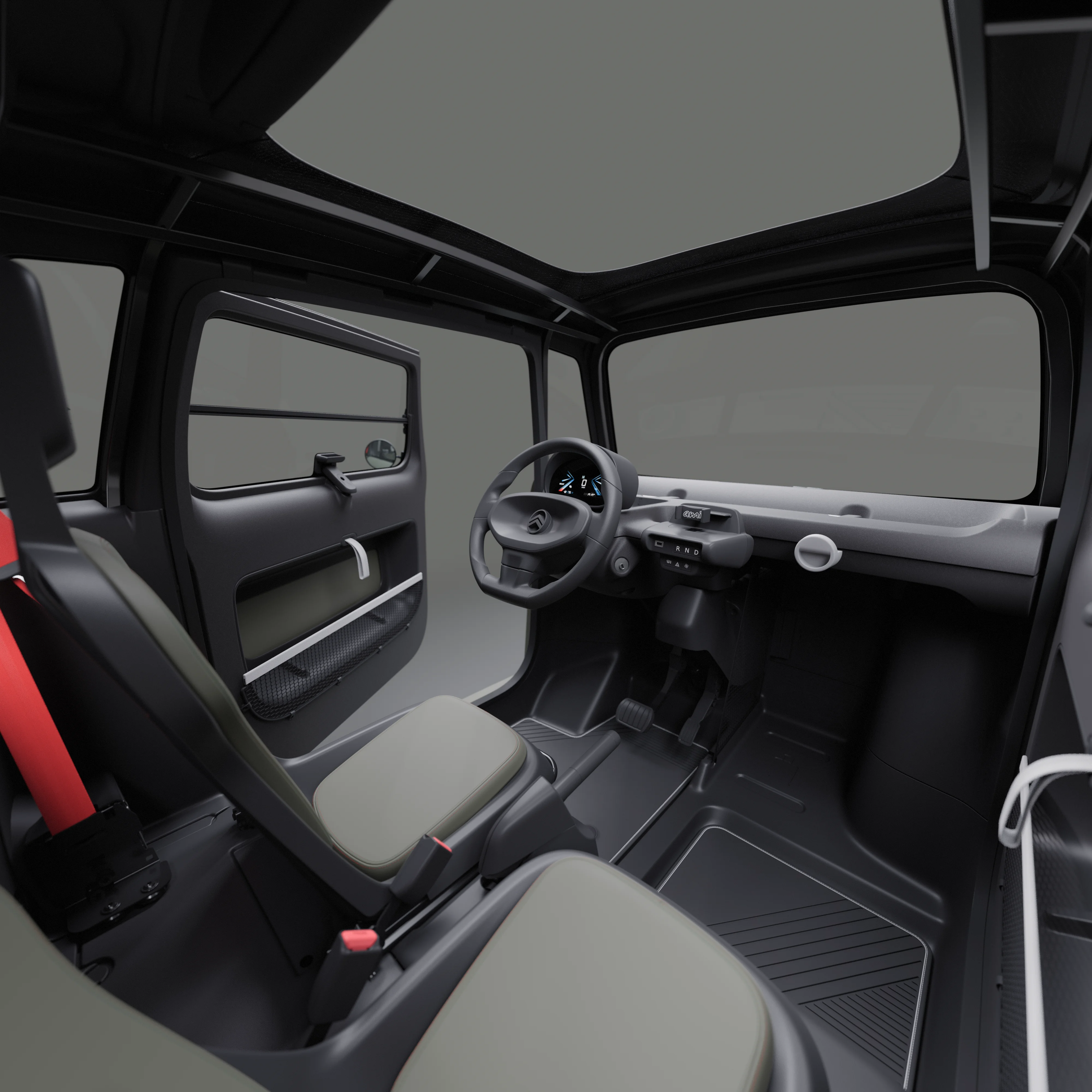 Vue intérieure avant de l’habitacle de Citroën Ami Outdoor avec toit ouvrant présentant un véhicule urbain électrique pratique pour les déplacements quotidiens