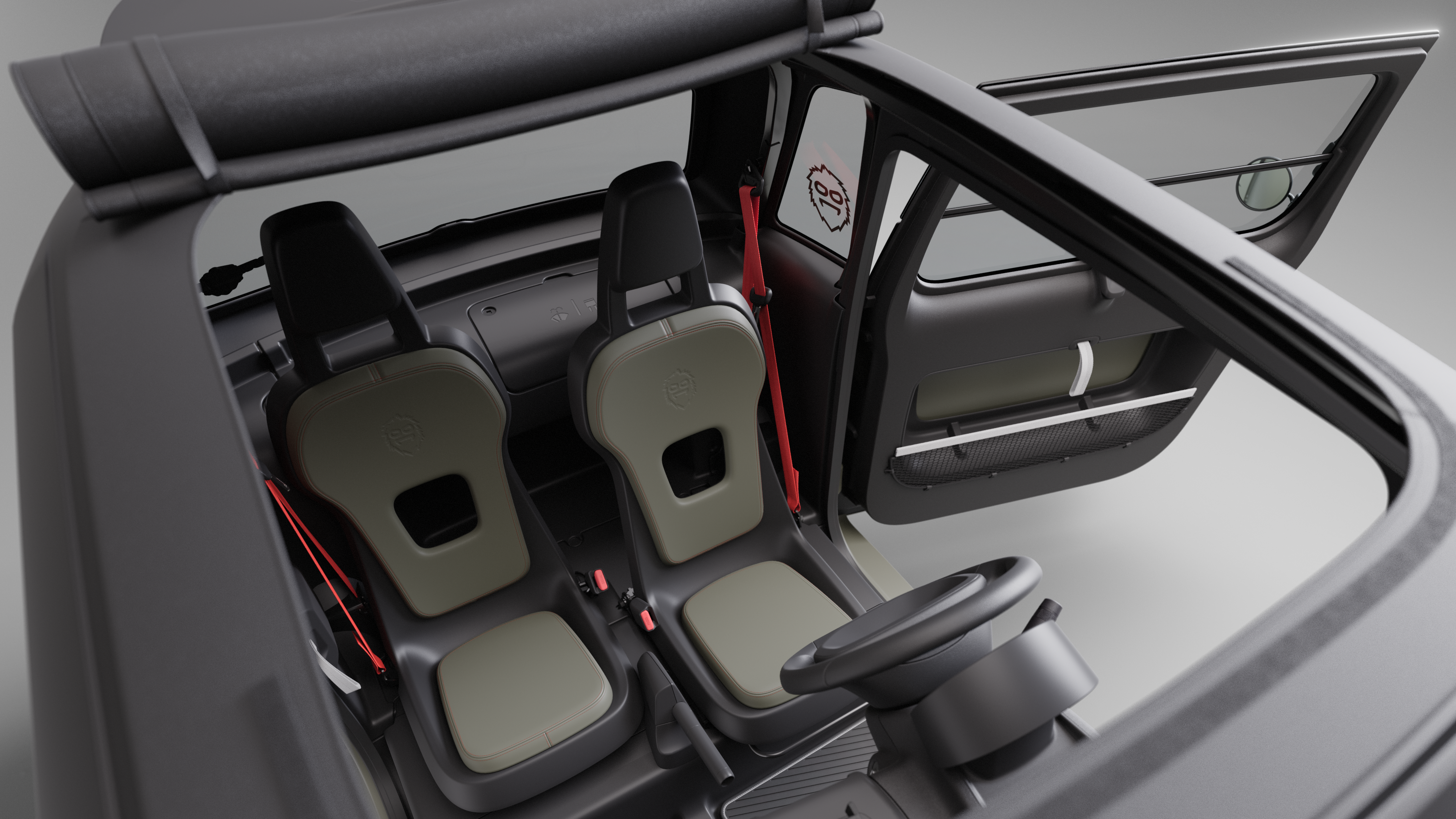 Vue intérieure en plongée de l’habitacle ouvert de Citroën Ami Outdoor avec toit ouvrant présentant un véhicule urbain électrique facile d’accès