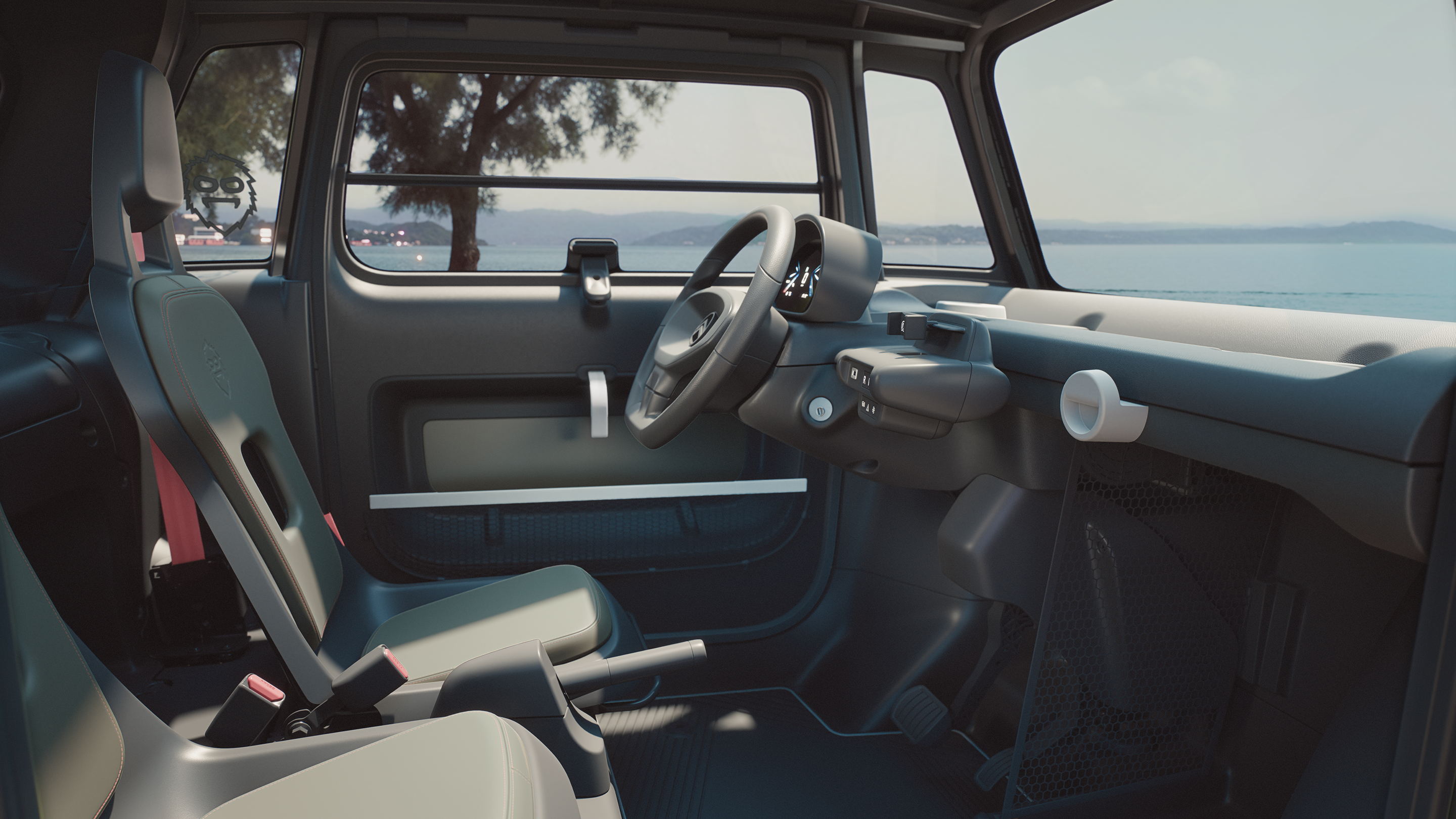 Vue intérieure côté conducteur de l’habitacle ouvert de Citroën Ami Outdoor présentant un véhicule urbain électrique avec un espace ouvert