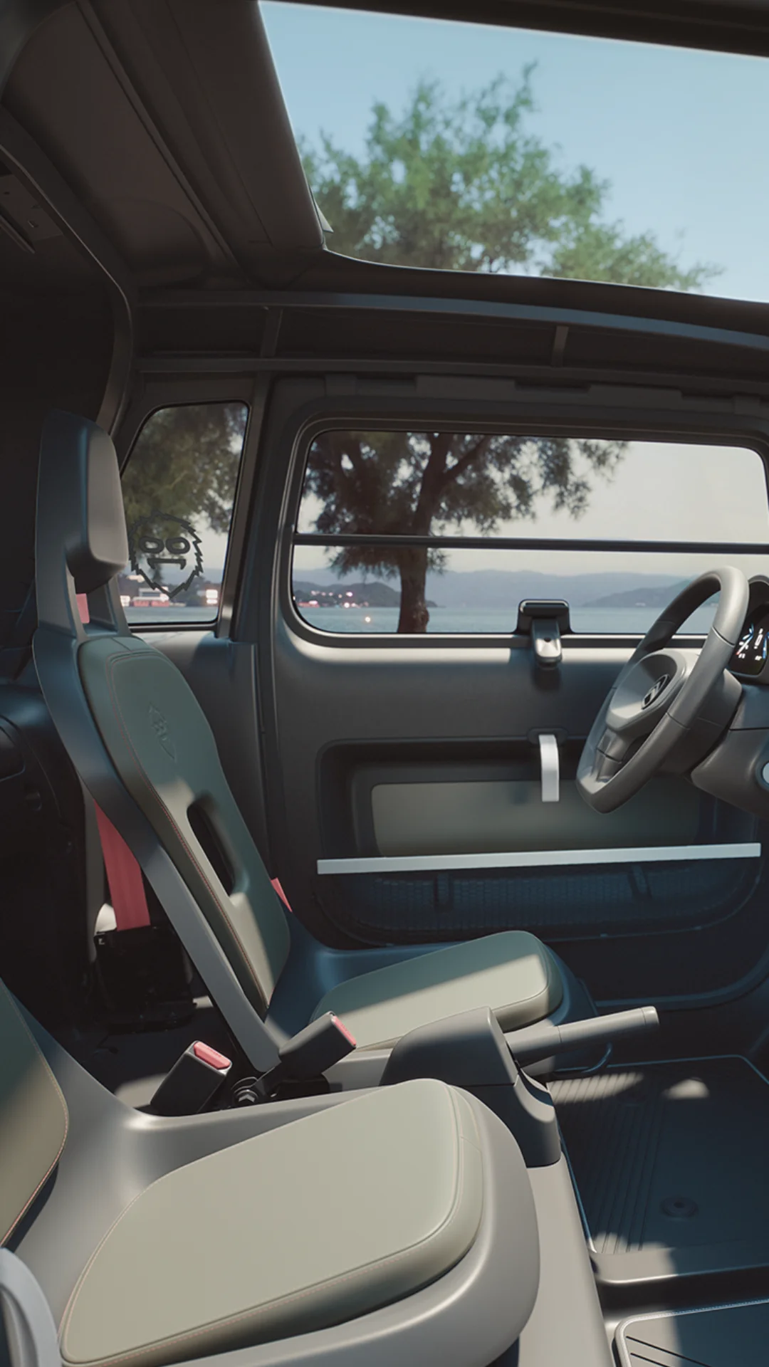 Vue intérieure de l’habitacle ouvert de Citroën Ami Outdoor avec toit ouvrant présentant un véhicule urbain électrique pour les aventures à ciel ouvert
