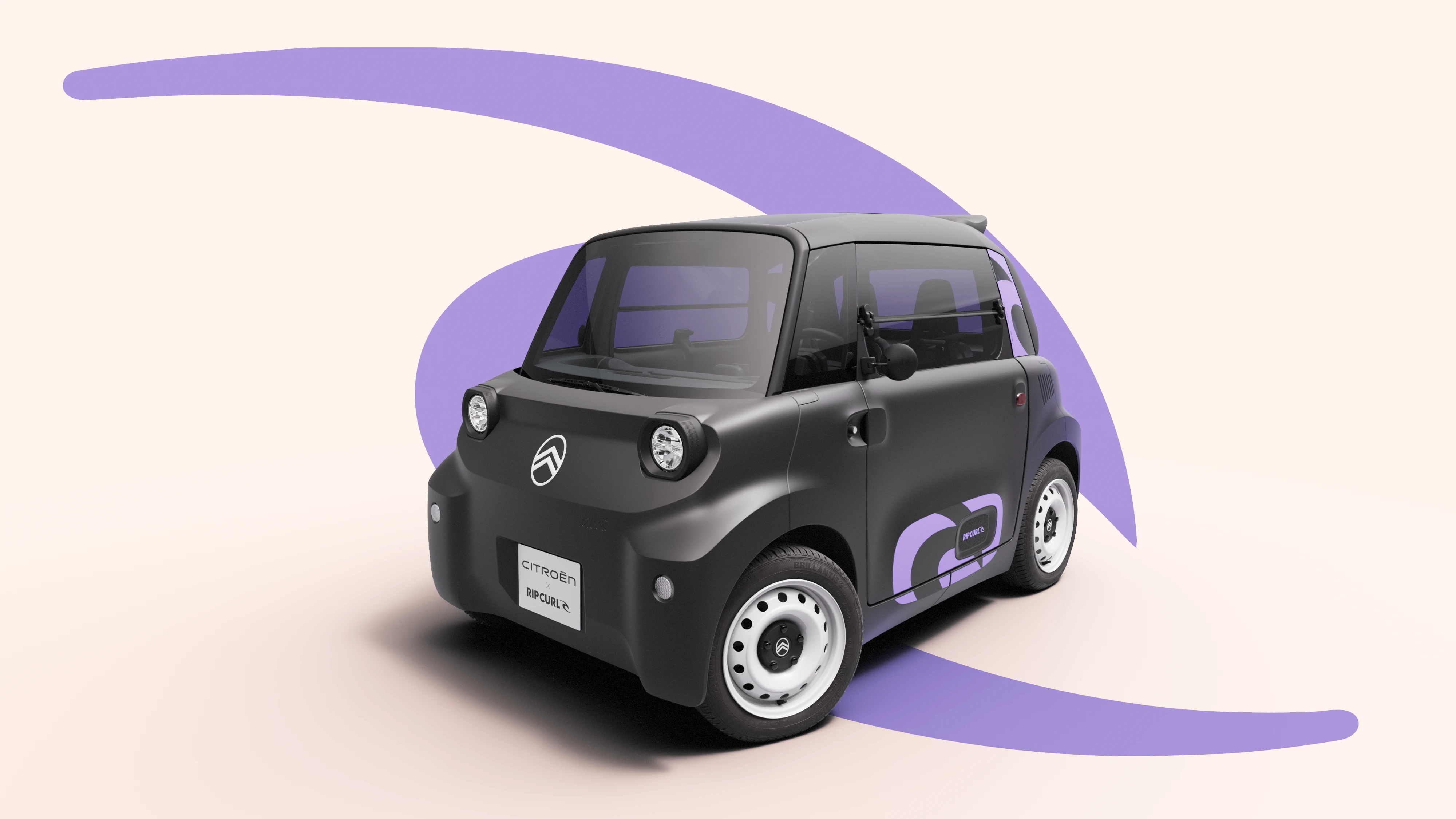 Driekwart vooraanzicht van de Citroën Ami x Rip Curl elektrische wagen zonder rijbewijs, compacte Citroën Ami voor stedelijke elektrische wagen