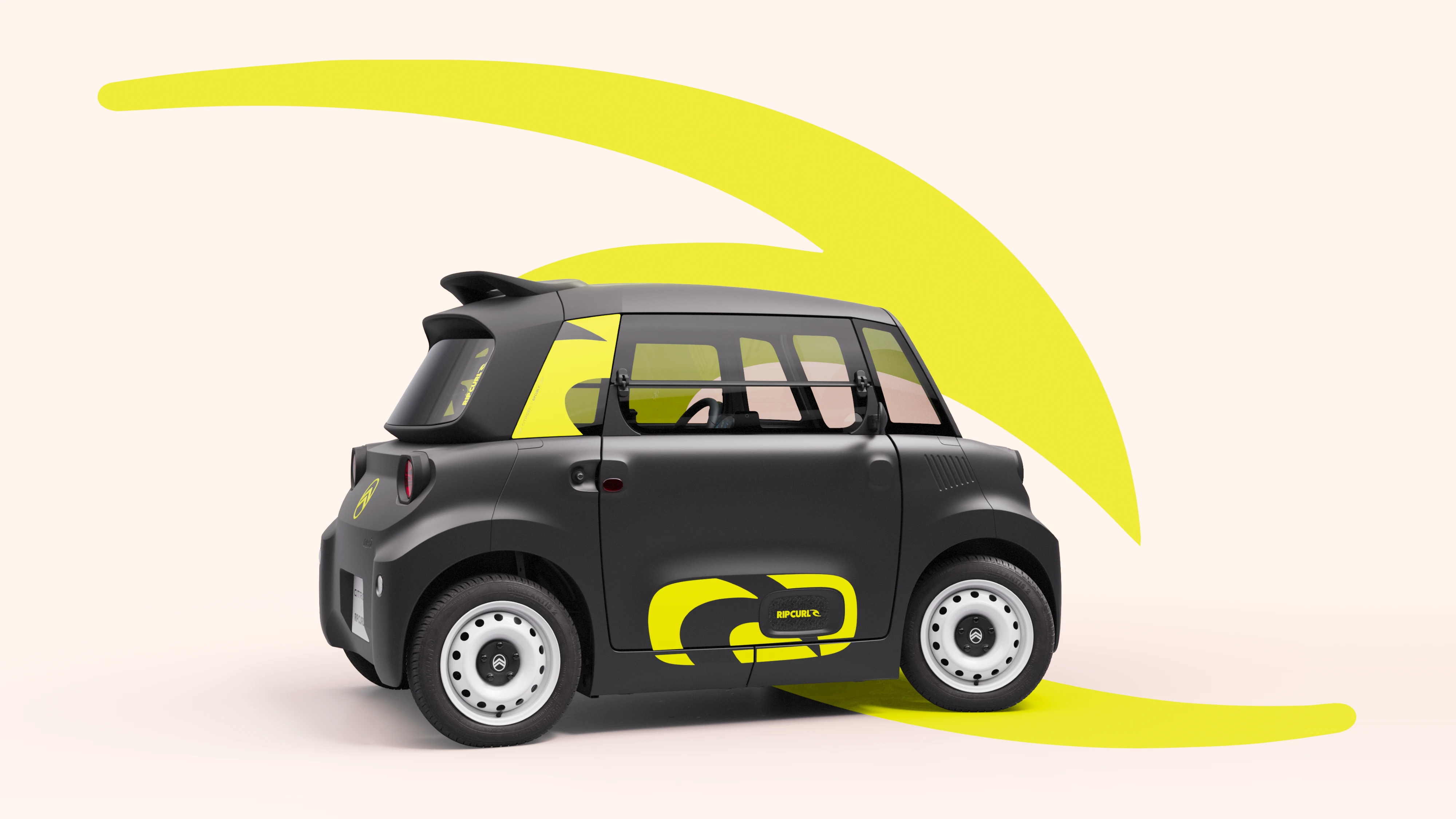 Zijaanzicht van de Citroën Ami x Rip Curl elektrische wagen zonder rijbewijs, compacte Citroën Ami voor stedelijke elektrische mobiliteit