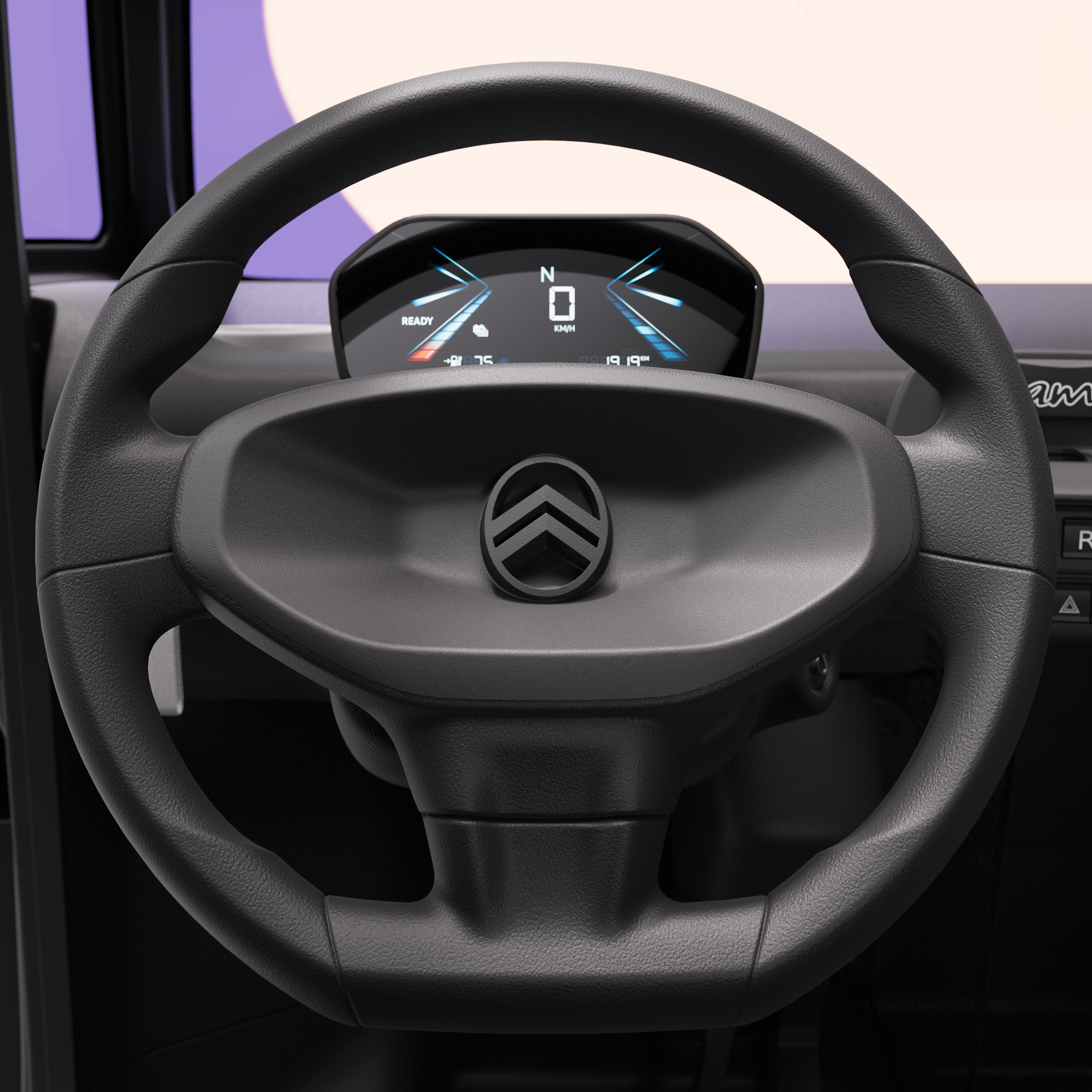 Close-up van het stuur van de Citroën Ami x Rip Curl elektrische wagen zonder rijbewijs, cockpit van de Citroën Ami voor een stedelijke elektrische wagen