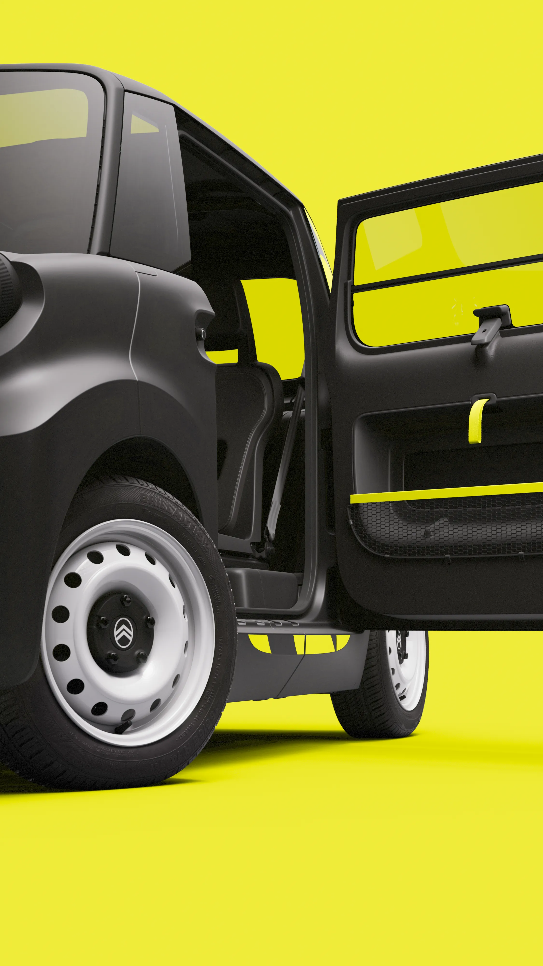 Achterzijde zijaanzicht met open deur van de Citroën Ami x Rip Curl elektrische wagen zonder rijbewijs, Citroën Ami met gemakkelijke toegang voor een stedelijke elektrische wagen