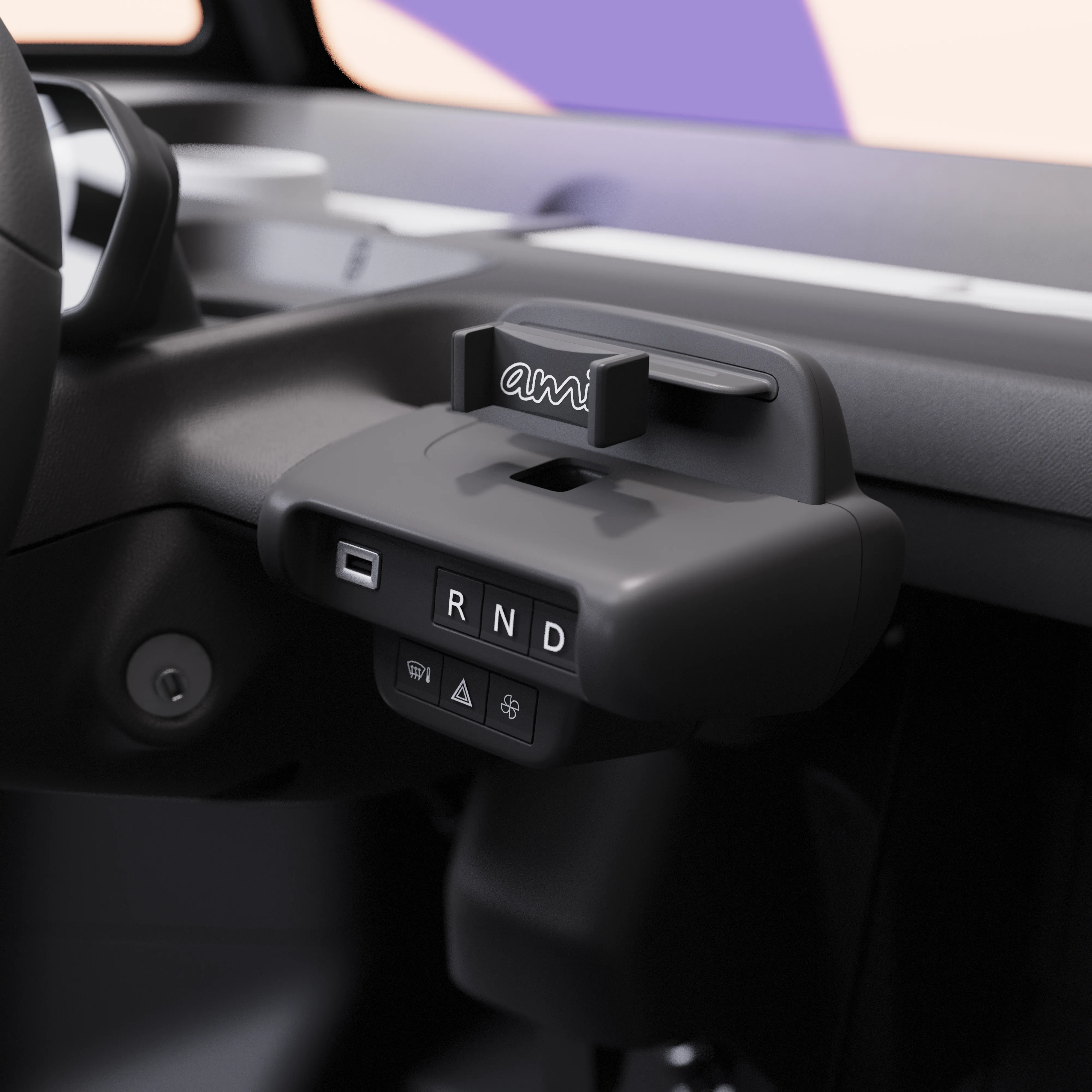 Close-up van de middenconsole van de Citroën Ami x Rip Curl elektrische wagen zonder rijbewijs, eenvoudige bediening van de Citroën Ami voor een stedelijke elektrische wagen