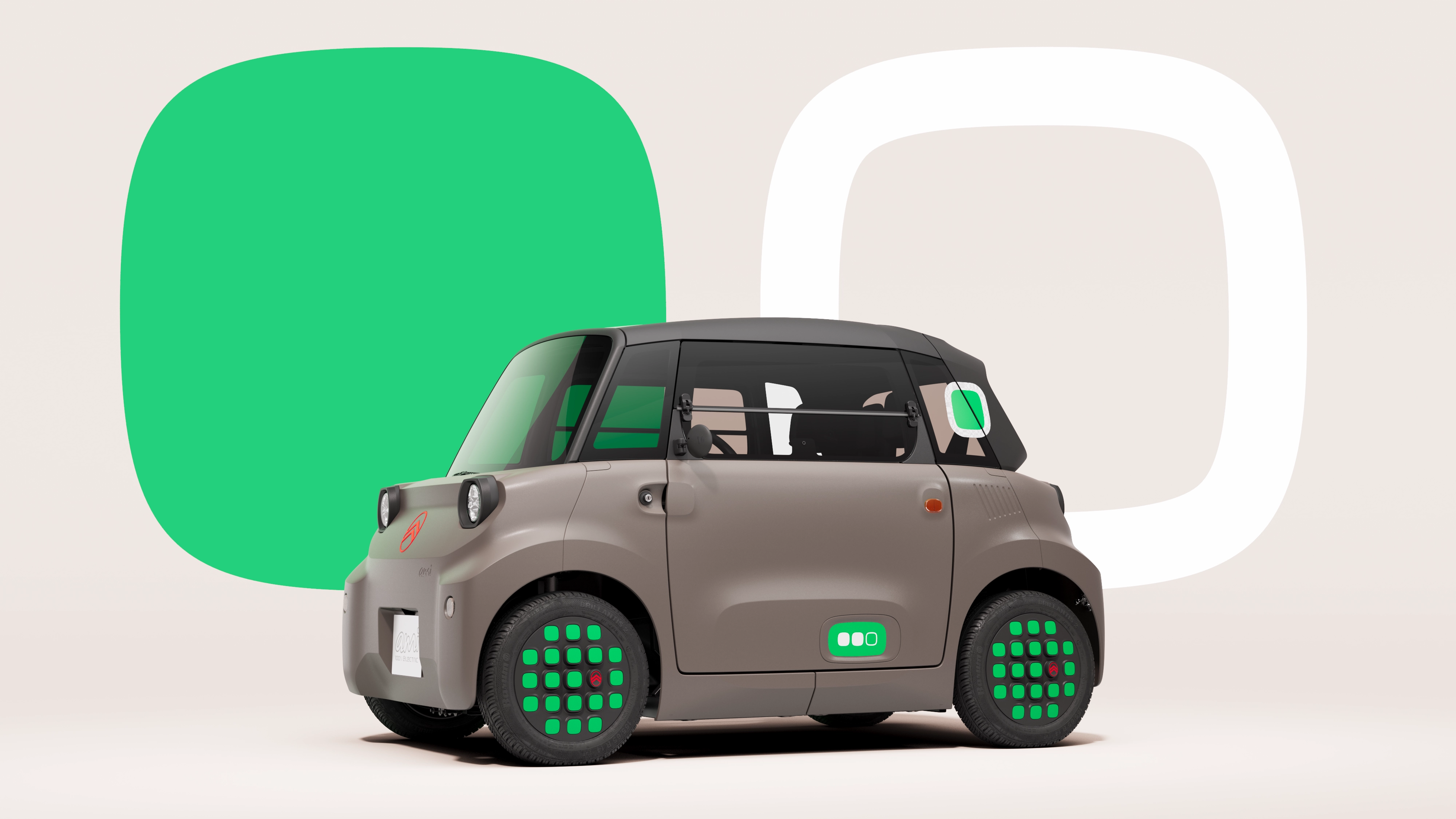 Bovenaanzicht van de Citroën Ami met geopende deuren toont het compacte, veilige en betrouwbare elektrische design dat innovatieve bewegingsvrijheid biedt in de stad.