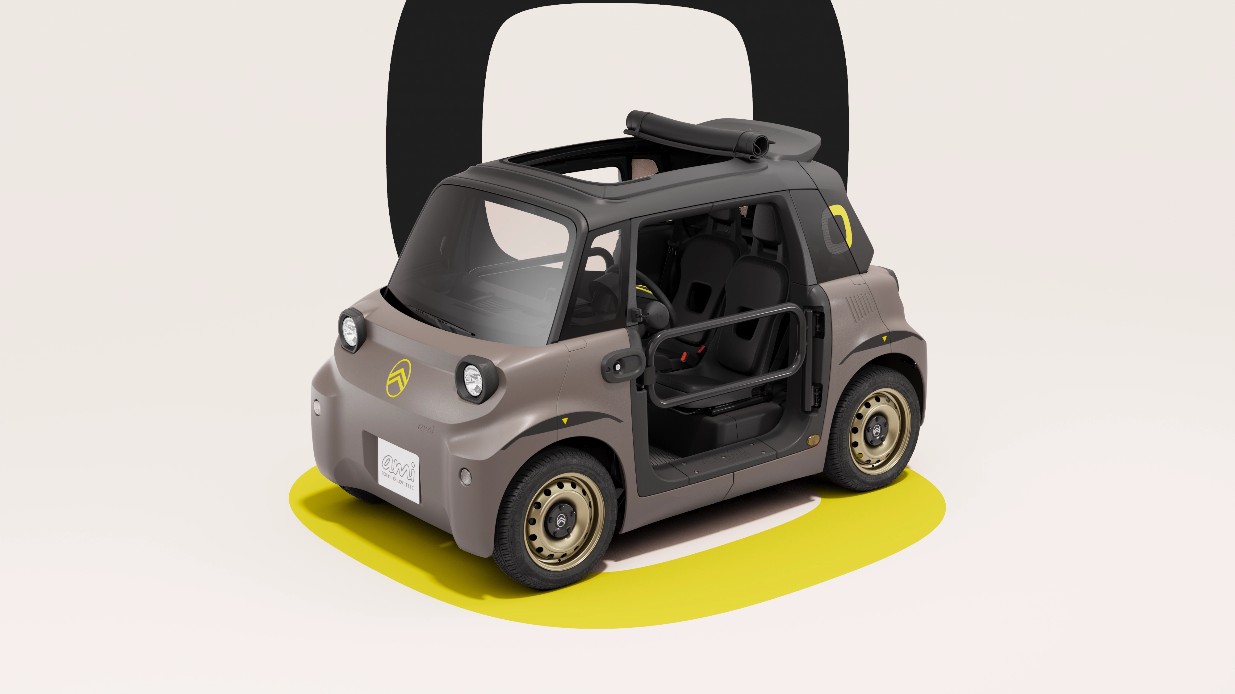 Vooraanzicht van een Citroën Ami buggy met het wiel, dat een duurzaam, veilig en betrouwbaar ontwerp benadrukt, voor innovatieve stedelijke mobiliteit.