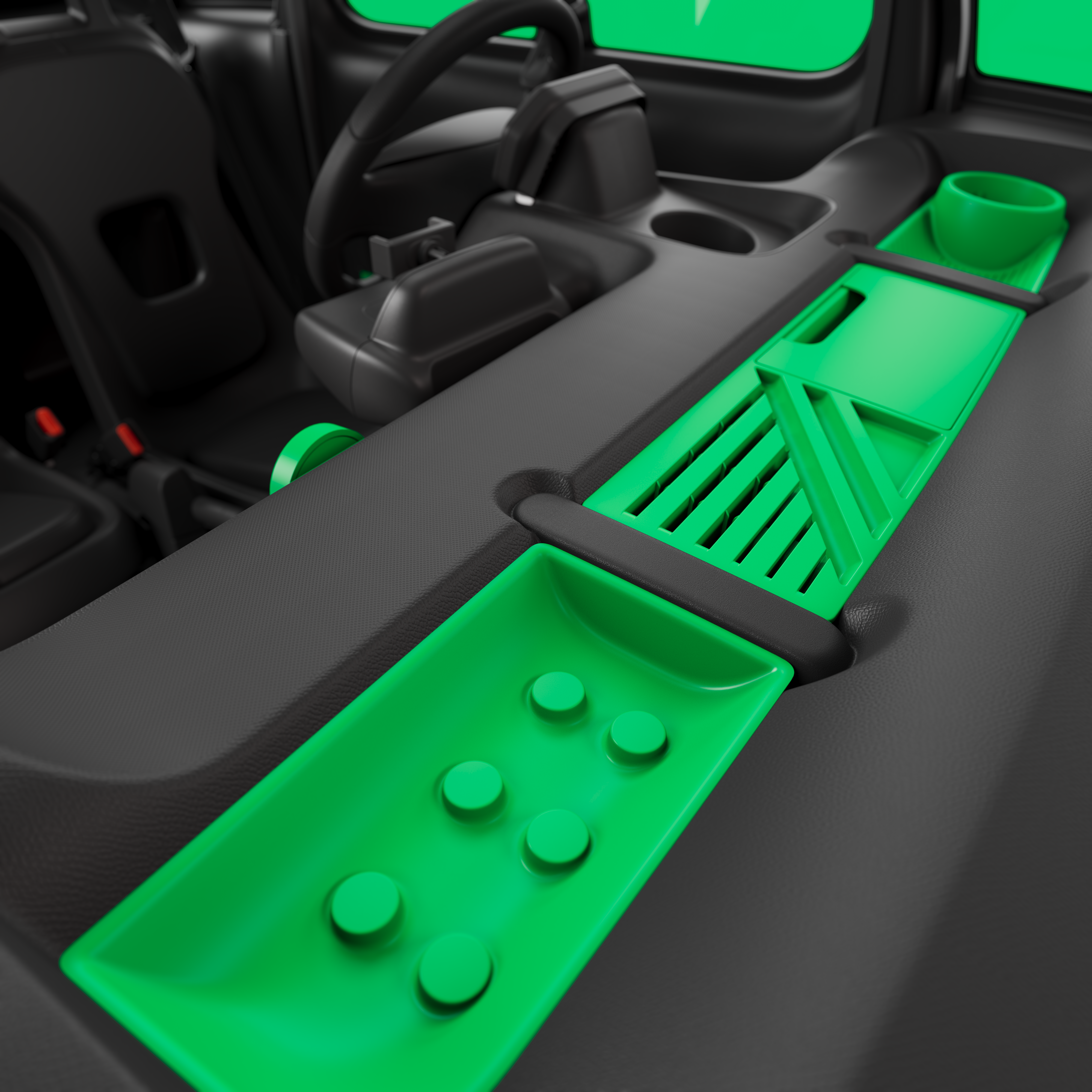 Gros plan tableau de bord d’une Citroën Ami Spicy montrant des commandes électriques compactes, sûres et fiables, pour une conduite urbaine innovante.