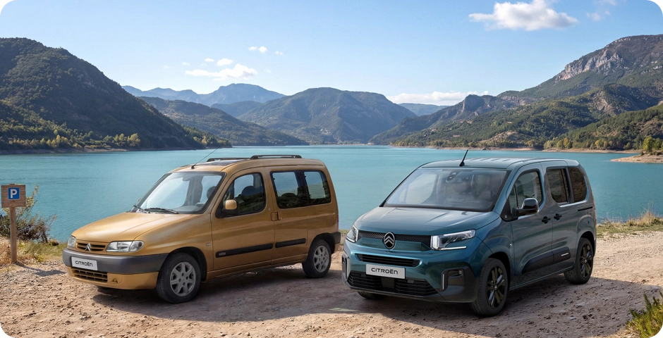 Front view Citroën ë-Berlingo 30 limited edition MPV with original Berlingo model highlighting heritage and versatility, smart family alternative