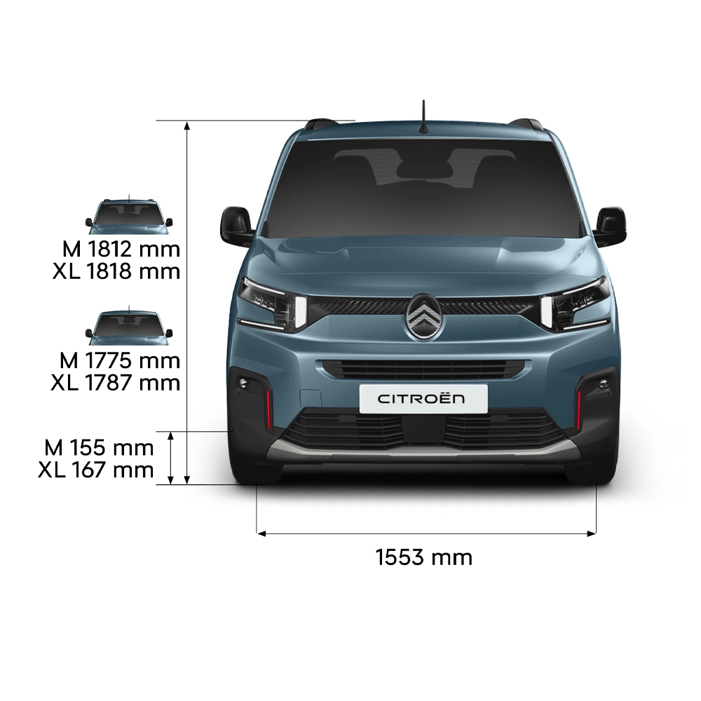 Technical dimension of ë-Berlingo showing front, side, rear and top views with key measurements and seating configurations