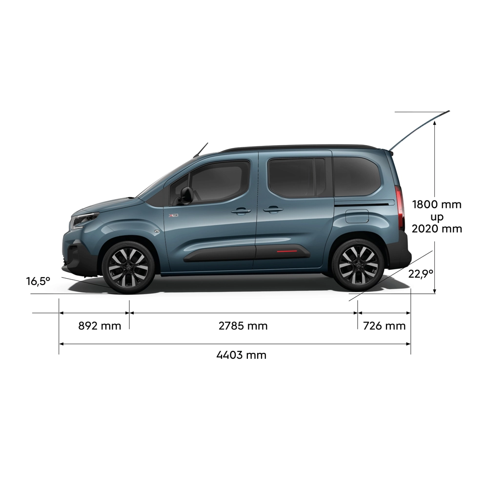 Technical dimension of ë-Berlingo showing front, side, rear and top views with key measurements and seating configurations