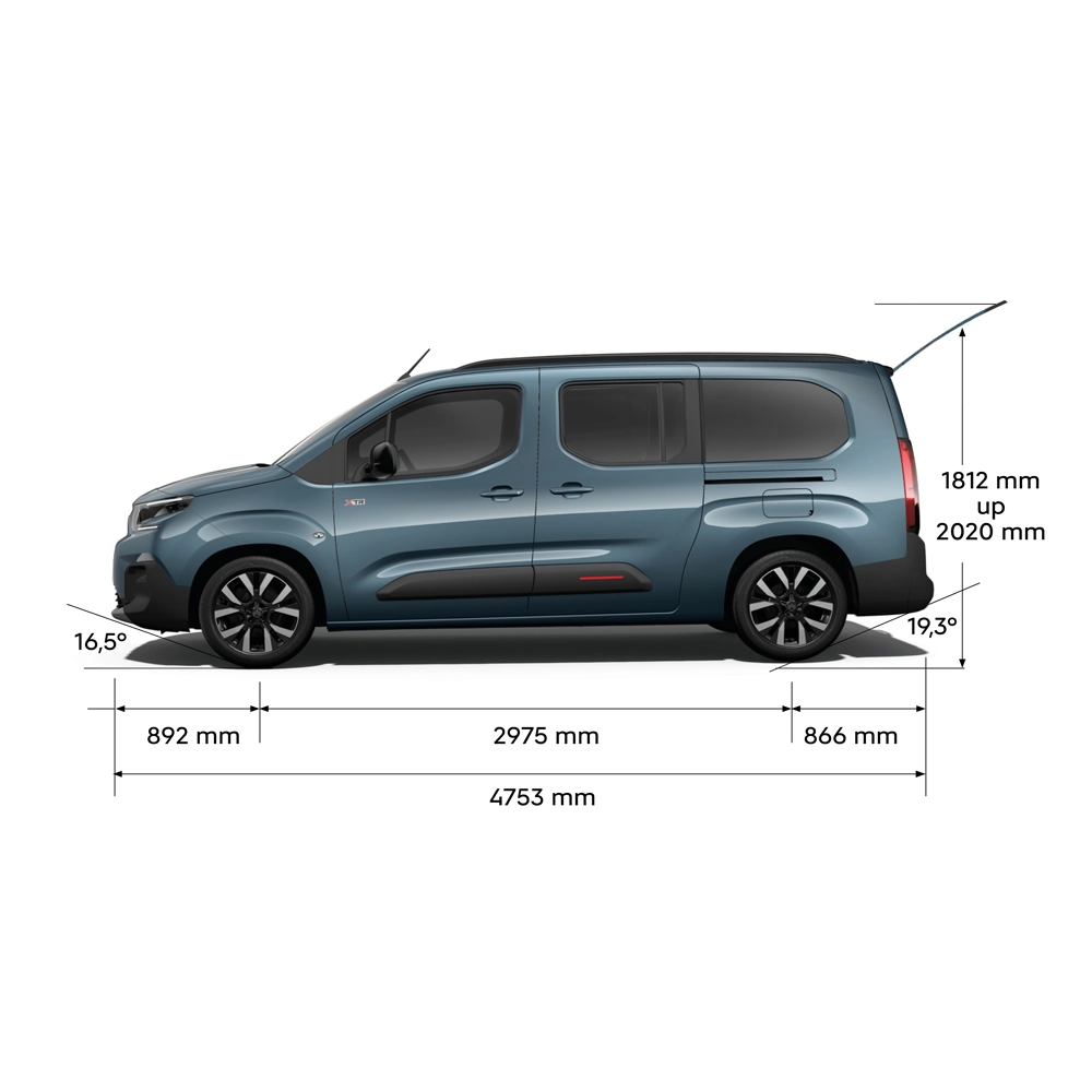 Technical dimension of ë-Berlingo showing front, side, rear and top views with key measurements and seating configurations