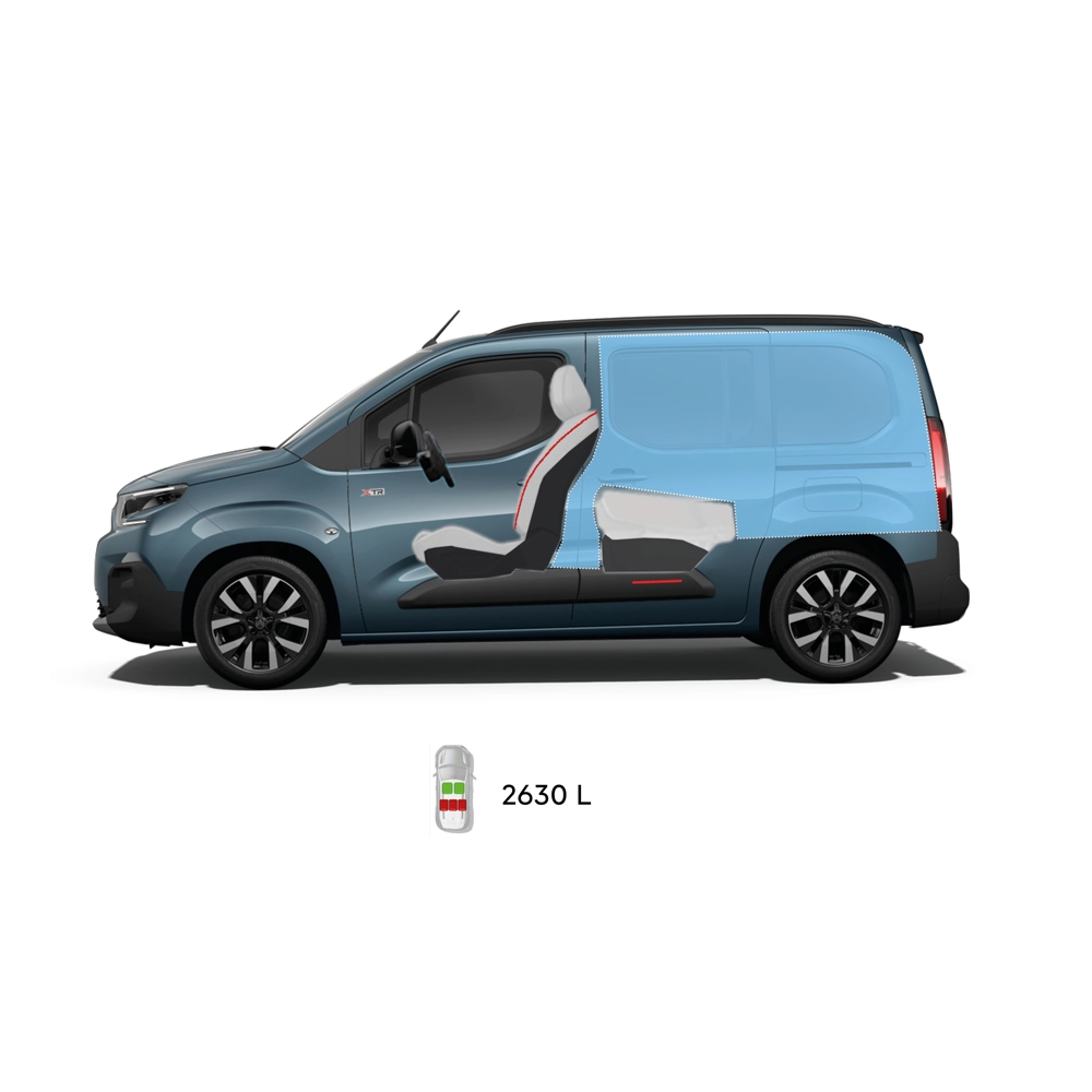 Technical dimension of ë-Berlingo showing front, side, rear and top views with key measurements and seating configurations