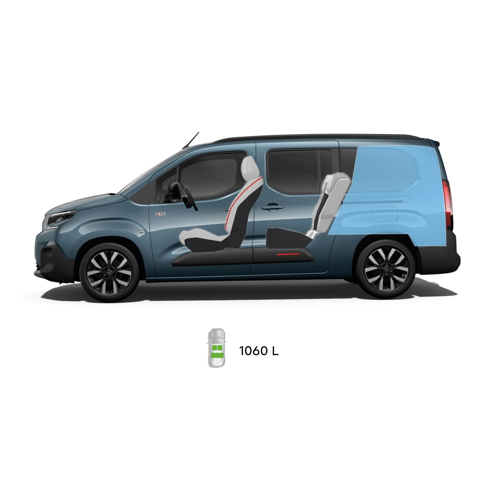 Technical dimension of ë-Berlingo showing front, side, rear and top views with key measurements and seating configurations