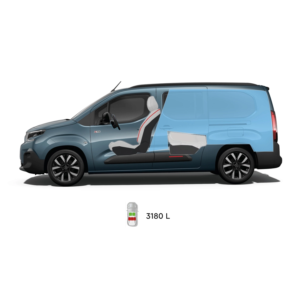 Technical dimension of ë-Berlingo showing front, side, rear and top views with key measurements and seating configurations