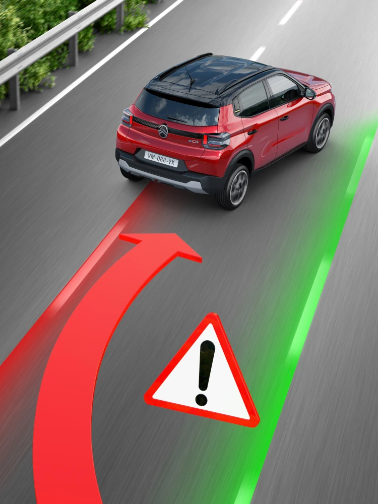 Achteraanzicht van de Citroën ë-C3 elektrische SUV met rijstrookassistentie voor veiligere, zelfverzekerdere en betaalbare dagelijkse mobiliteit.