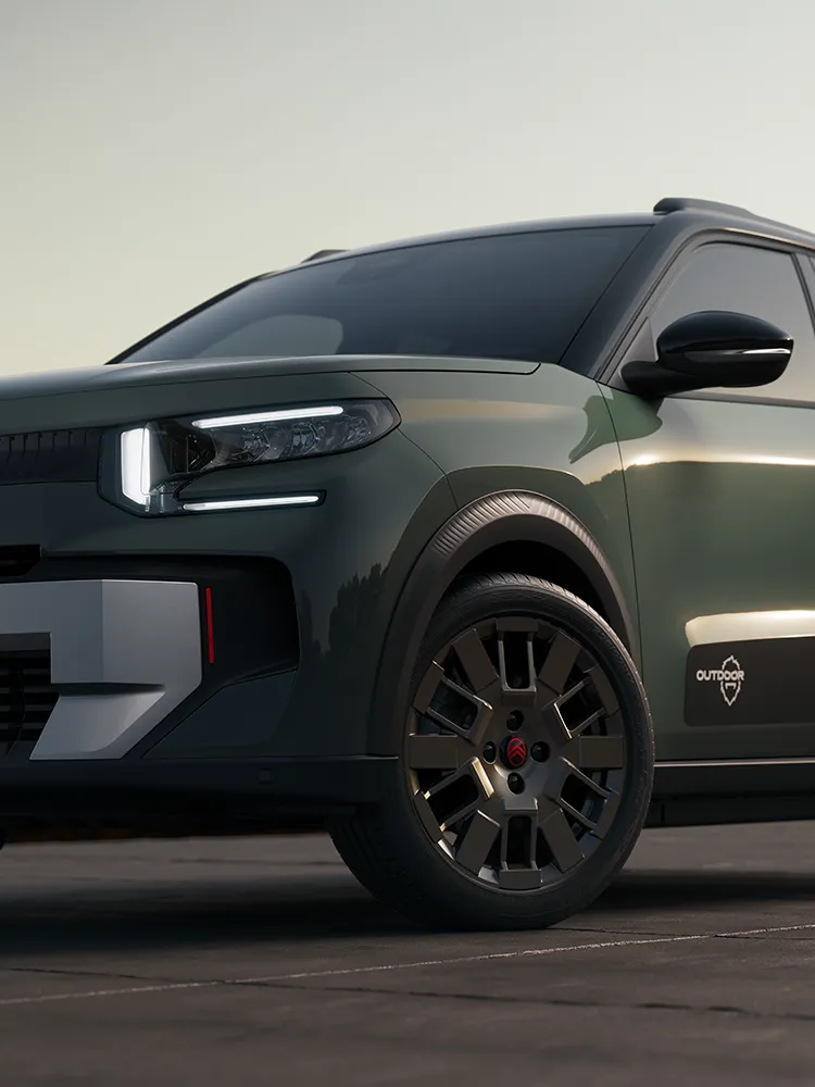 Gros plan avant de Citroën C3 Outdoor sur la jante en alliage et la signature lumineuse LED, présentant un SUV compact Advanced Comfort