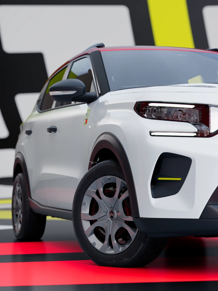 Detailfoto voorkant in driekwartperspectief: Citroën ë-C3 TONIC limited edition elektrische stadswagen met velgontwerp en beschermende bekleding, slim EV-alternatief