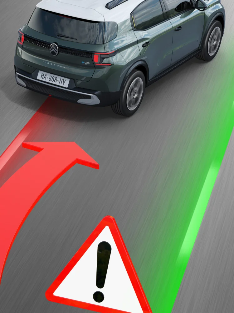 Citroën SUV toont rijstrookverlaatwaarschuwing met geprojecteerde rode en groene rijstrookbeelden op de weg