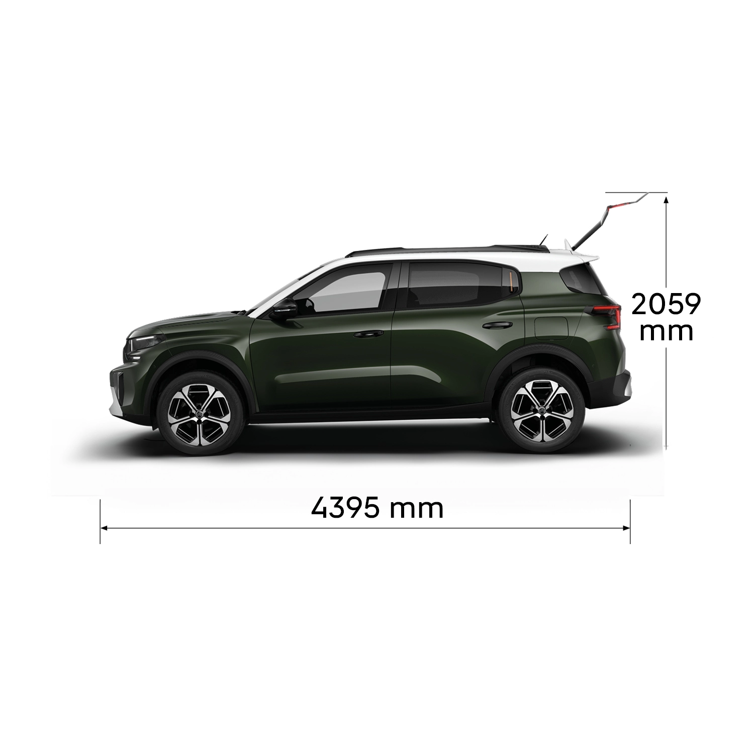 Multi‑angle view of Citroën ë‑C3 Aircross electric SUV showing full exterior dimensions and interior volumes for practical, affordable mobility.