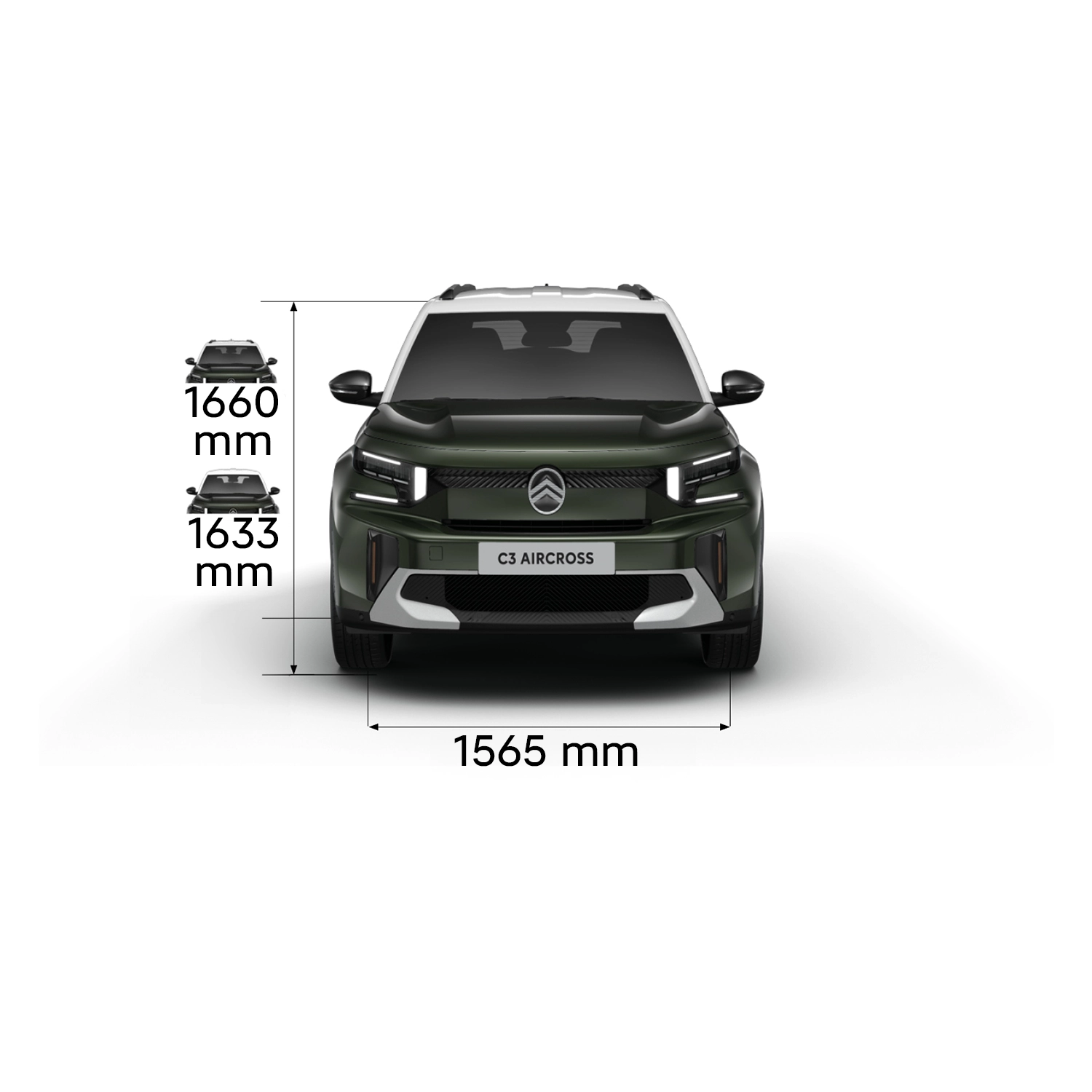 Multi‑angle view of Citroën ë‑C3 Aircross electric SUV showing full exterior dimensions and interior volumes for practical, affordable mobility.