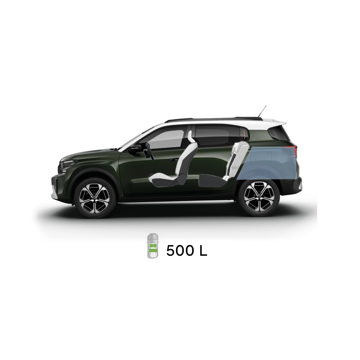 Multi‑angle view of Citroën ë‑C3 Aircross electric SUV showing full exterior dimensions and interior volumes for practical, affordable mobility.