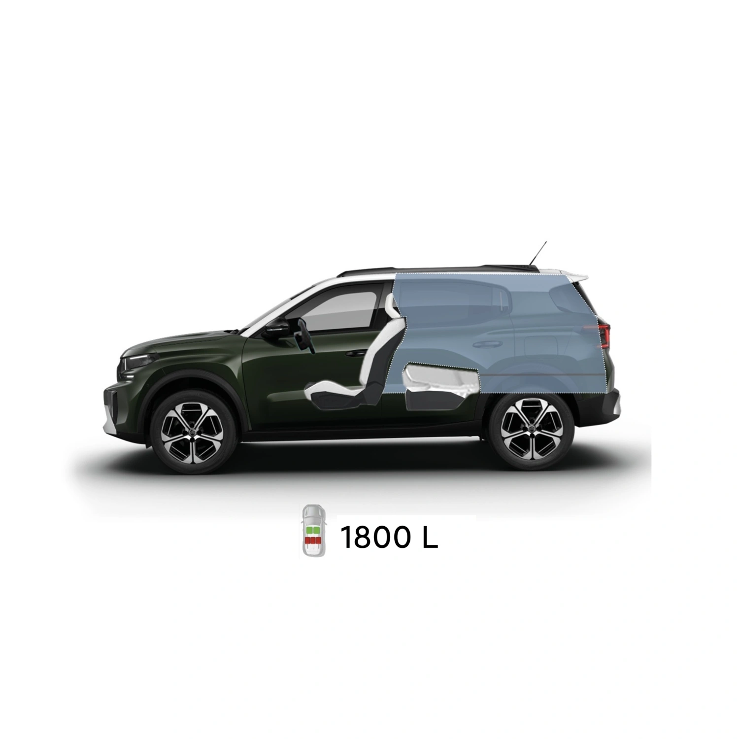Multi‑angle view of Citroën ë‑C3 Aircross electric SUV showing full exterior dimensions and interior volumes for practical, affordable mobility.