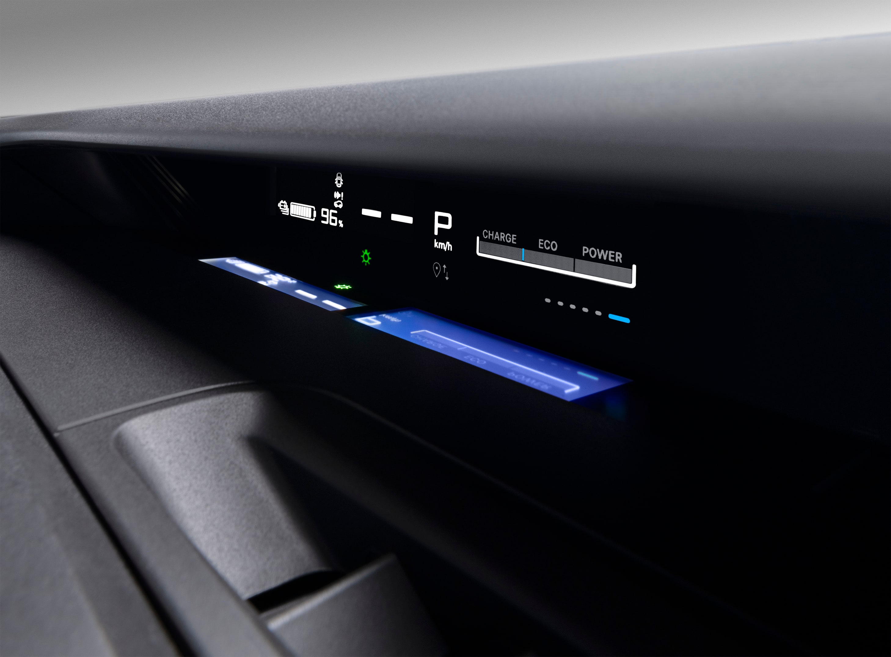 Close-up dashboardweergave van de Citroën ë-C3 elektrische SUV met digitale energiedisplay voor intuïtief en betaalbaar stadsrijden.