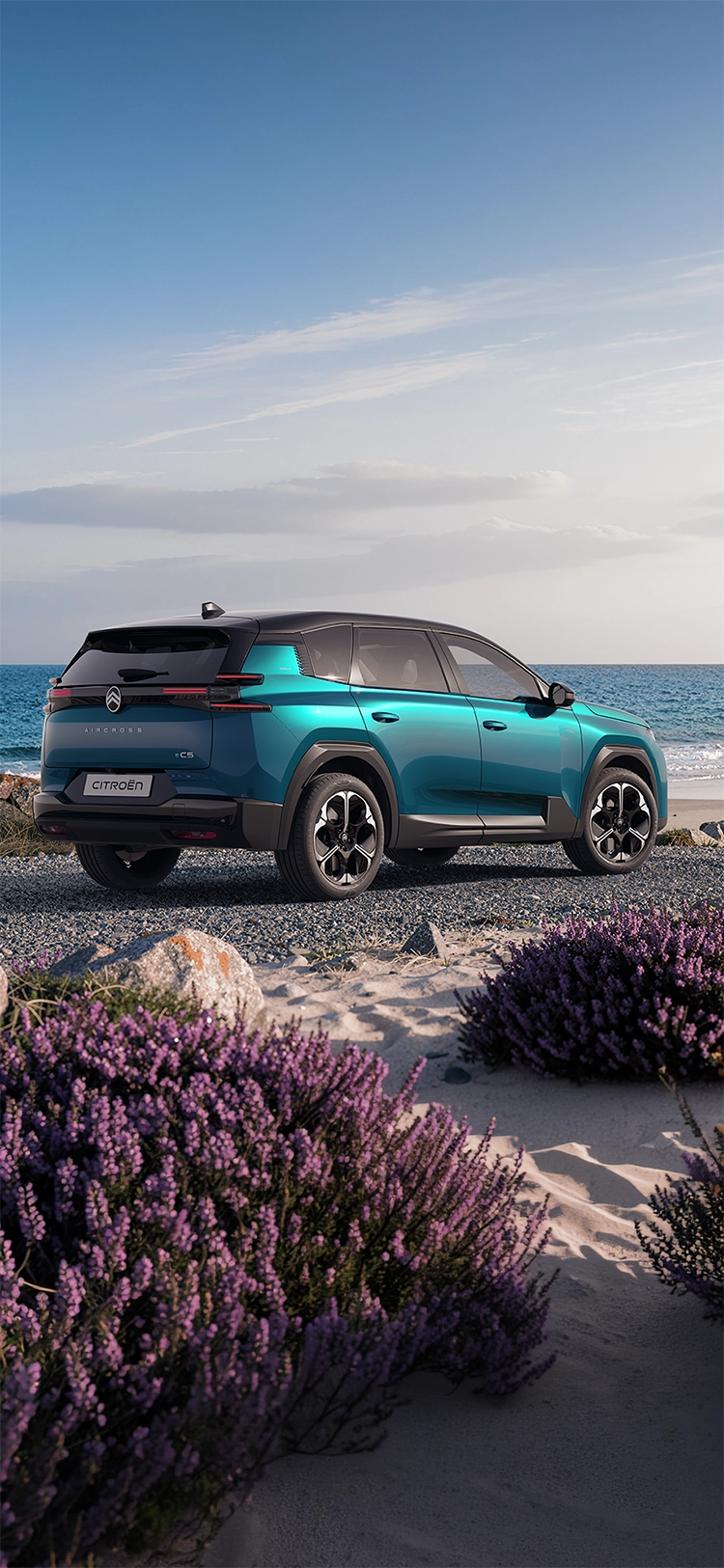 Driekwart achteraanzicht van de Citroën C5 Aircross Emeraude met Citroën Light Wings LED-achterlichten en een ruim design, gezins-SUV