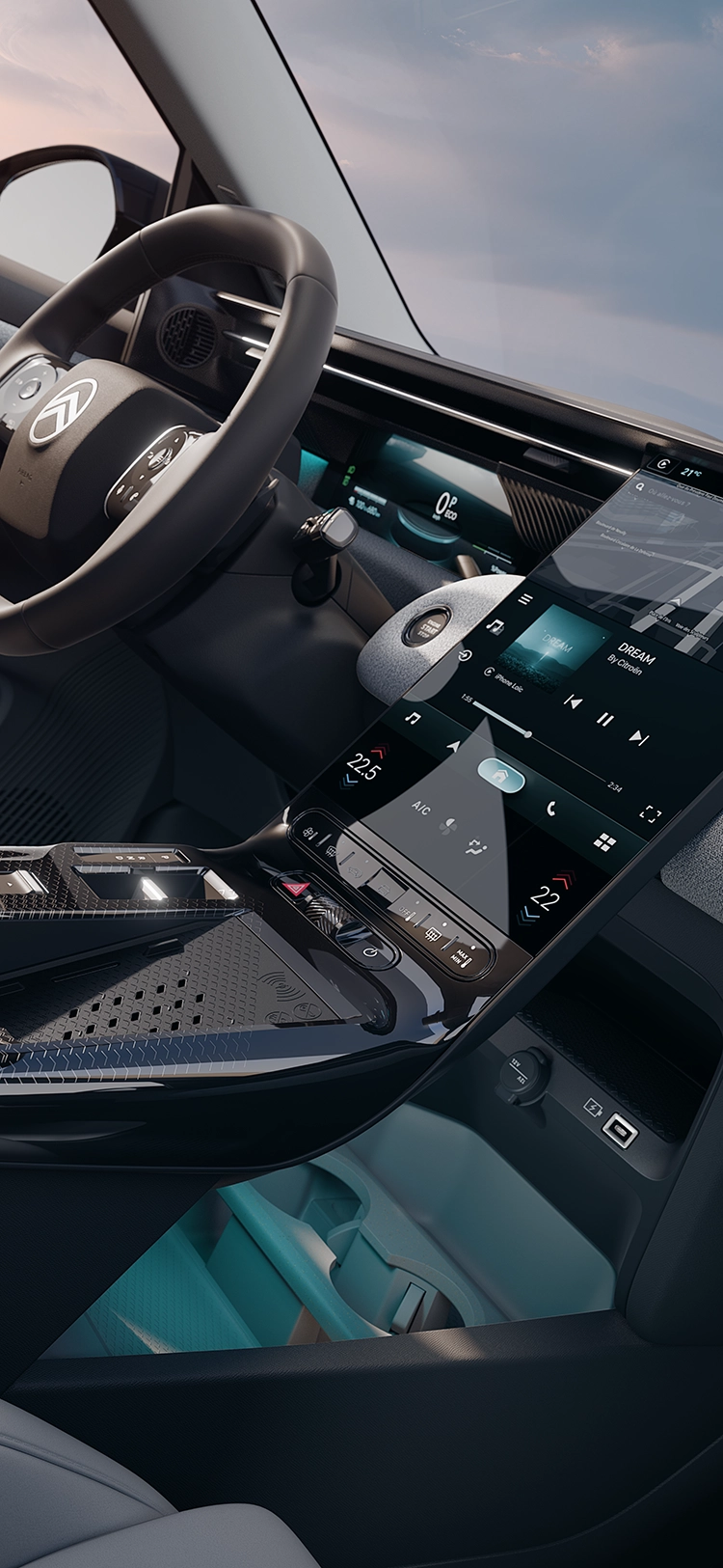 Detail van de cockpit van de Citroën C5 Aircross Emeraude met het Citroën Waterfall-scherm, 3D-navigatie en connectiviteit, geconnecteerd comfort van een gezins-SUV