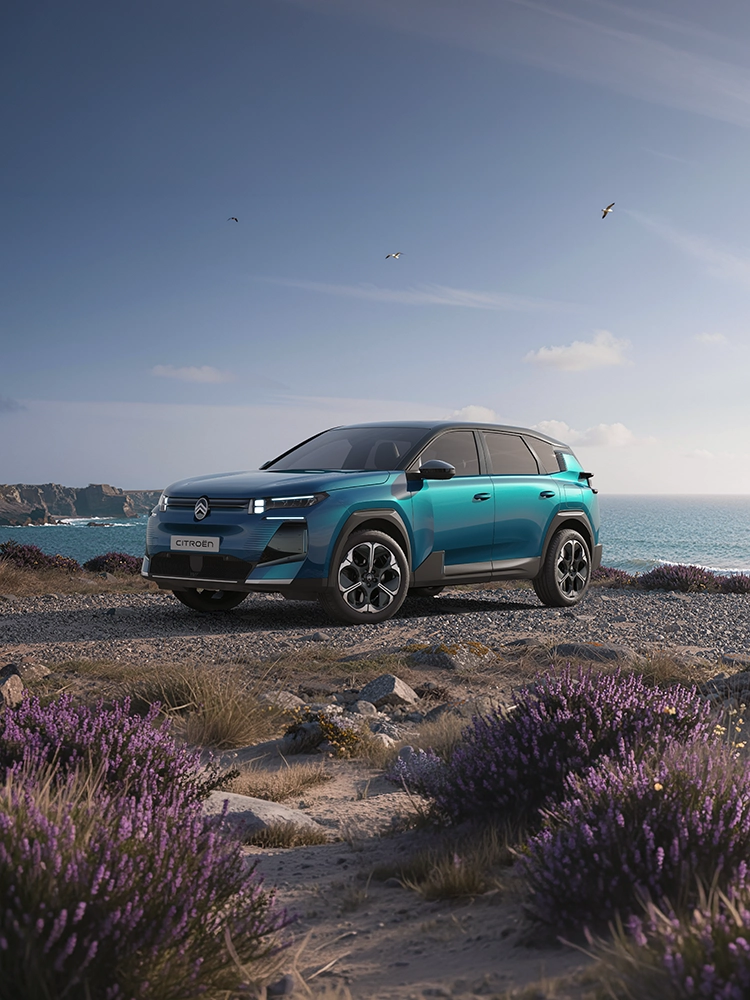 Driekwart vooraanzicht van de Citroën C5 Aircross Emeraude, Citroën LED-lichtsignatuur en krachtig design, gezins-SUV