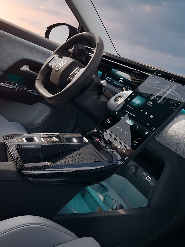 Close-up van het Waterfall-scherm van de Citroën C5 Aircross Emeraude met het Waterfall-aanraakscherm van de C5 Aircross en navigatiesysteem, geconnecteerde ervaring van een gezins-SUV