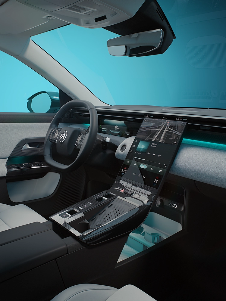 Interieurzicht aan bestuurderszijde van de Citroën C5 Aircross Emeraude met het Waterfall-scherm en de cockpit van de C5 Aircross, geconnecteerd comfort van een gezins-SUV