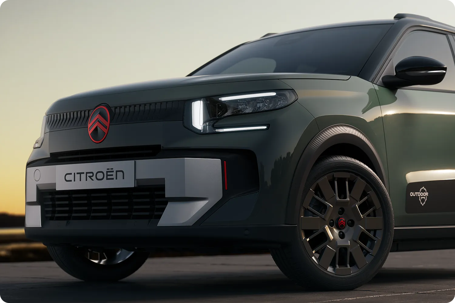 Gros plan sur la roue avant de Citroën C3 Outdoor, au design robuste, polyvalent et confortable et au style innovant pour les trajets quotidiens