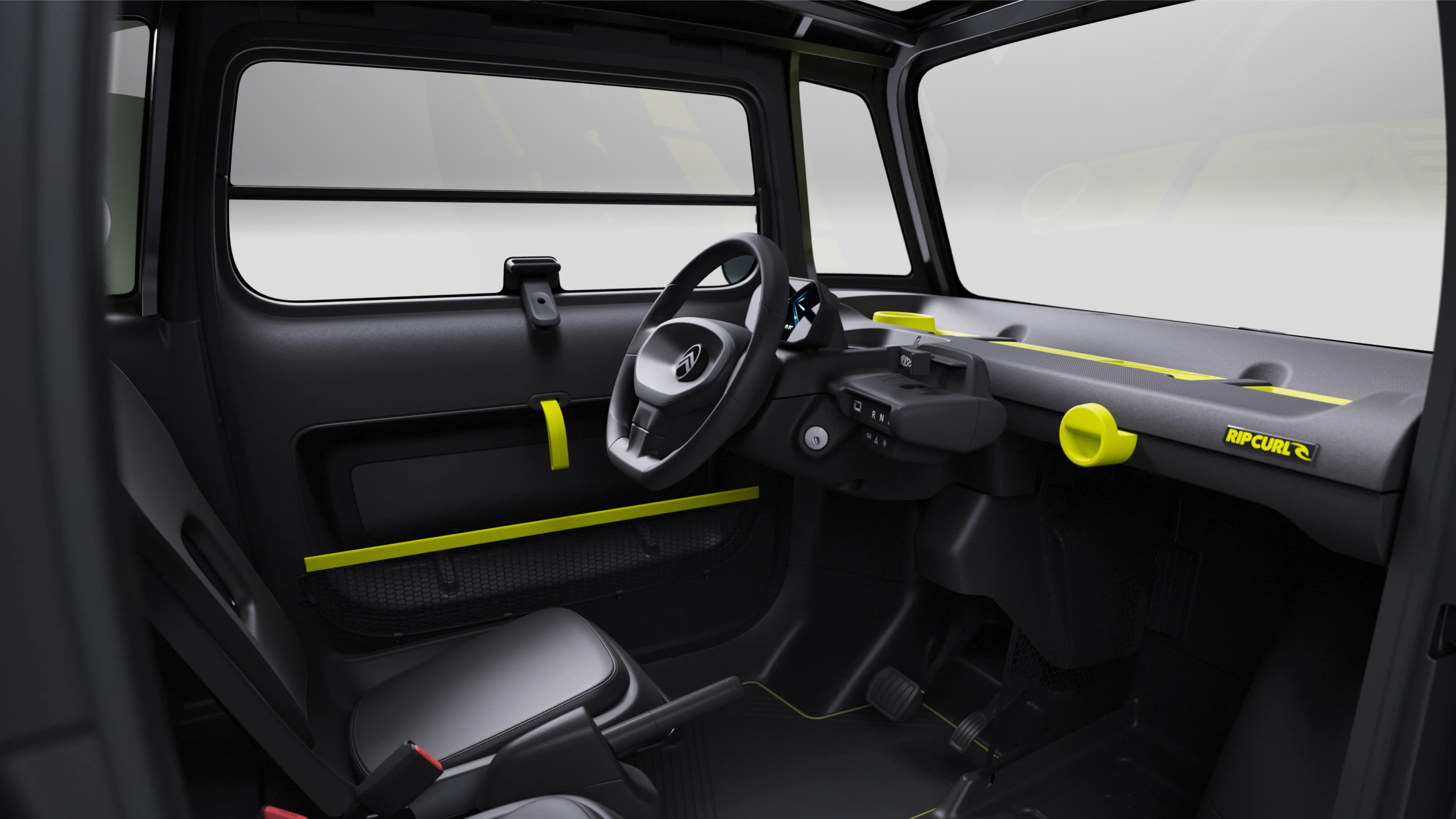 Interior view of Ami rip curl sunrise cockpit showcasing secure durable protective design for innovative compact urban driving.